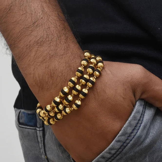Attention-Getting Design 3 Line Gold Plated Rudraksha Bracelet for Men - Style B773 - AmazingBaba