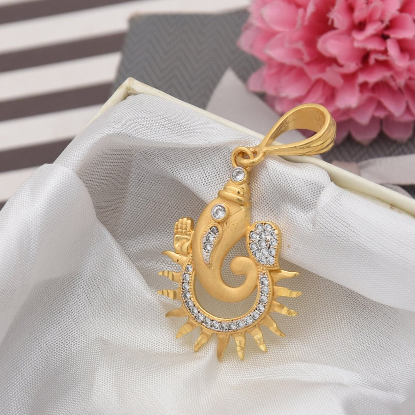1 Gram Gold Plated Ganpati with Diamond Finely Detailed Design Pendant - Style B481 - AmazingBaba